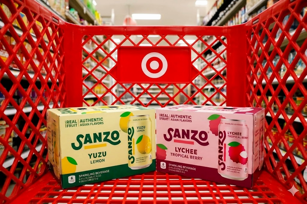 Sanzo Yuzu Lemon and Lychee Tropical Berry 6-packs in a Target shopping cart